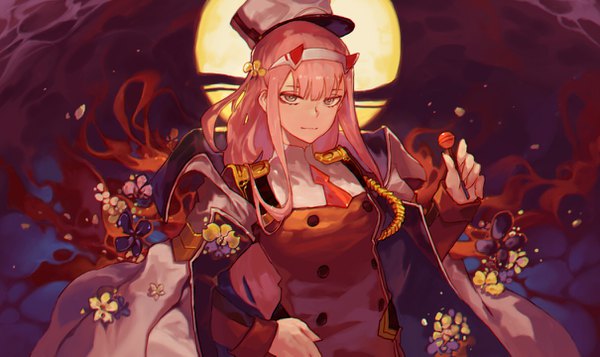 Anime picture 1210x720 with darling in the franxx studio trigger zero two (darling in the franxx) hong da single long hair looking at viewer fringe wide image pink hair upper body blunt bangs horn (horns) grey eyes hand on hip hat removed headwear removed military girl uniform