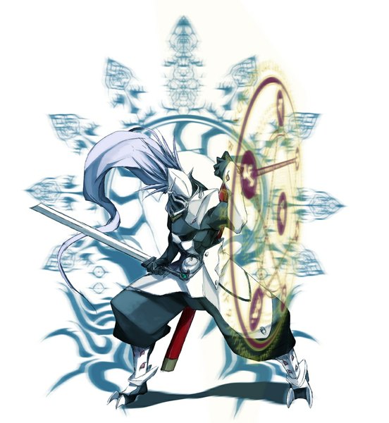 Anime picture 1000x1085 with blazblue hakumen tagme (artist) single tall image simple background white background magic boy weapon sword armor helmet sign