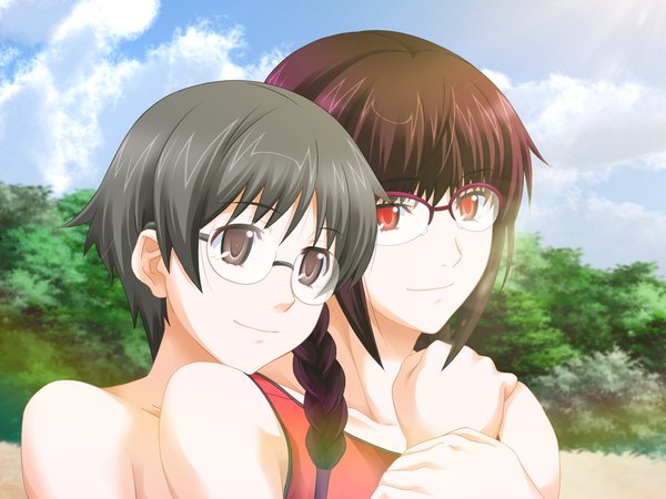 Anime picture 1024x768 with kansen5 (game) long hair short hair black hair smile red eyes brown eyes game cg braid (braids) couple girl boy glasses