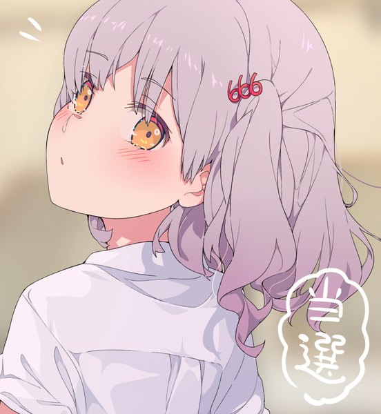 Anime picture 1105x1200 with original ogipote single tall image looking at viewer blush short hair parted lips head tilt looking back grey hair from behind orange eyes two side up text girl shirt white shirt