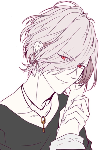 Anime picture 604x871 with diabolik lovers idea factory sakamaki subaru kuwa ayase tall image looking at viewer fringe short hair simple background smile red eyes white background holding grey hair hair over one eye solo focus boy hand key