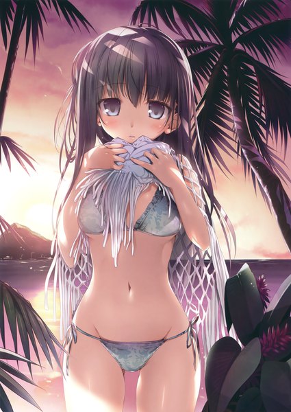 Anime picture 2693x3800 with original karory single long hair tall image looking at viewer blush fringe highres light erotic black hair midriff beach evening sunset horizon mountain silver eyes girl navel