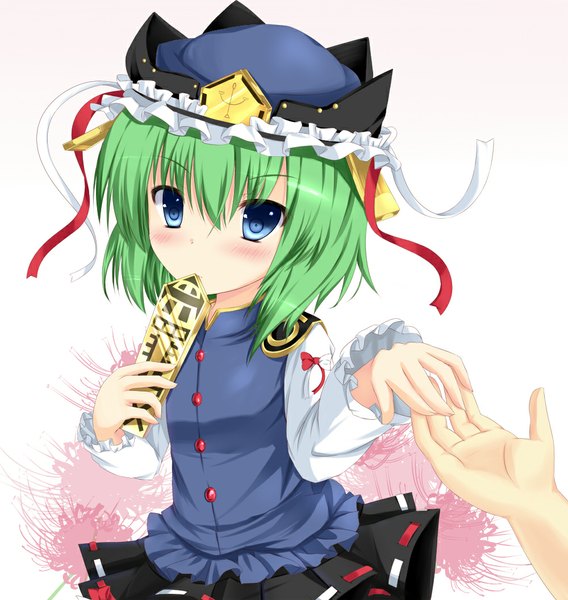 Anime picture 1000x1056 with touhou shikieiki yamaxanadu fujieda uzuki single tall image blush short hair blue eyes green hair girl dress hat rod of remorse