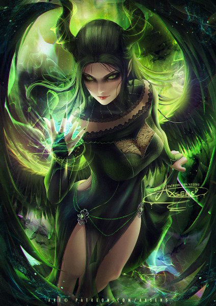 Anime picture 848x1200 with sleeping beauty maleficent axsen single long hair tall image looking at viewer breasts holding green eyes signed arm up horn (horns) fingernails green hair from above lips lipstick magic watermark