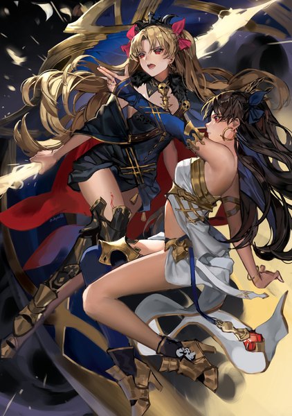 Anime picture 1000x1421 with fate (series) fate/grand order ishtar (fate) ereshkigal (fate) chyoel long hair tall image open mouth black hair blonde hair red eyes multiple girls looking away profile two side up outstretched arm girl 2 girls earrings armor