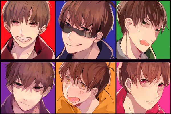 Anime picture 1200x800 with osomatsu-san matsuno osomatsu matsuno karamatsu matsuno ichimatsu matsuno choromatsu matsuno todomatsu matsuno juushimatsu mii (sogemasaru) looking at viewer fringe short hair open mouth simple background smile hair between eyes red eyes brown hair purple eyes green eyes yellow eyes