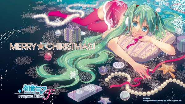 Anime picture 1920x1080 with vocaloid hatsune miku long hair looking at viewer highres smile wide image twintails lying very long hair aqua eyes green hair inscription no shoes christmas merry christmas girl thighhighs ribbon (ribbons) headphones