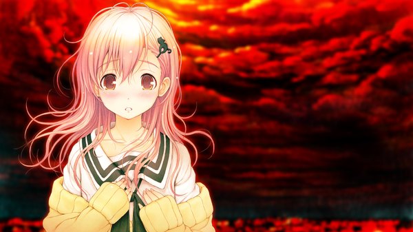 Anime picture 2048x1152 with kimi to kanojo to kanojo no koi nitroplus mukou aoi single long hair looking at viewer blush highres open mouth wide image pink hair game cg pink eyes teeth girl uniform hair ornament school uniform shirt