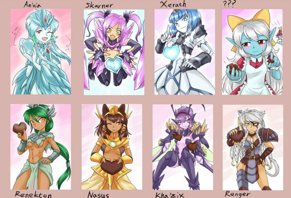 Anime picture 1250x850 with league of legends lulu (league of legends) tristana (league of legends) poppy (league of legends) rengar (league of legends) anivia (league of legends) kha'zix (league of legends) renekton (league of legends) xerath (league of legends) nasus (league of legends) skarner (league of legends) long hair looking at viewer blush short hair open mouth blue eyes red eyes brown hair twintails