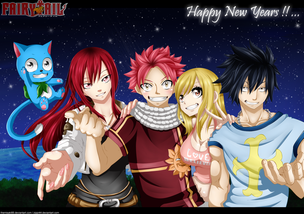 Anime picture 2000x1414 with fairy tail lucy heartfilia erza scarlet natsu dragneel gray fullbuster happy (fairy tail) themisaki66 long hair highres short hair black hair blonde hair smile red eyes multiple girls brown eyes yellow eyes pink hair red hair nail polish