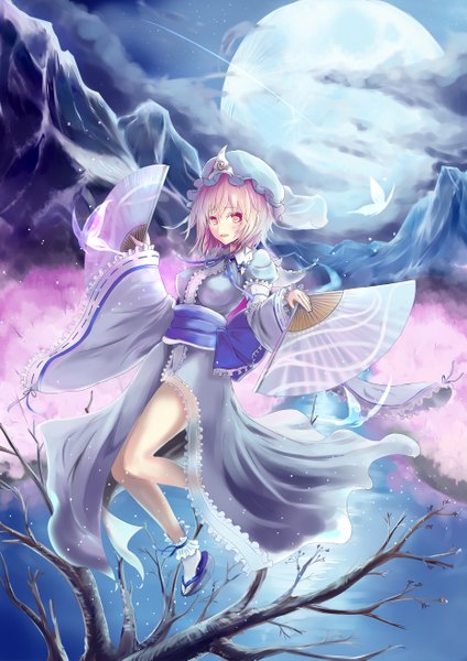 Anime picture 930x1315 with touhou saigyouji yuyuko bakatesu59 single tall image looking at viewer blush short hair open mouth red eyes pink hair night mountain girl dress plant (plants) tree (trees) insect butterfly moon