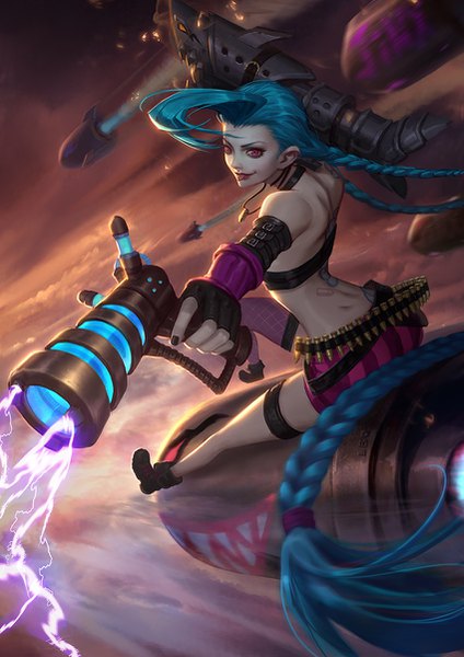 Anime picture 850x1202 with league of legends jinx (league of legends) bo liu single tall image fringe smile red eyes sitting twintails holding blue hair looking away sky cloud (clouds) very long hair nail polish pink eyes lips tattoo