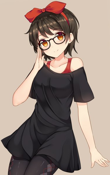 Anime picture 502x800 with kiki's delivery service studio ghibli kiki hiiragi hajime single tall image looking at viewer blush fringe short hair black hair simple background bare shoulders brown eyes light smile off shoulder short sleeves rhombus adjusting glasses bespectacled