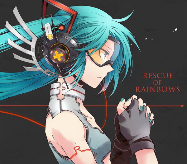 Anime picture 1000x879 with vocaloid hatsune miku suidou shuiyuzuo single long hair twintails bare shoulders profile aqua eyes aqua hair text girl gloves headphones fingerless gloves goggles
