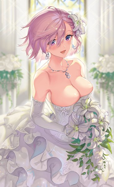 Anime picture 735x1200 with fate (series) fate/grand order mash kyrielight sage joh single tall image looking at viewer blush fringe short hair breasts open mouth light erotic smile hair between eyes large breasts standing purple eyes bare shoulders holding