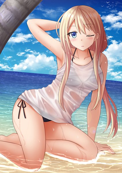 Anime picture 1200x1697 with runway de waratte chiyuki fujito kazenokaze single long hair tall image blush blue eyes light erotic blonde hair payot sky cloud (clouds) outdoors one eye closed arm support wet dutch angle partially submerged arm behind head