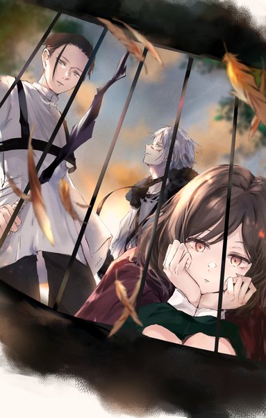 Anime picture 1916x3000 with sousou no frieren ehre (sousou no frieren) wirbel (sousou no frieren) scharf (sousou no frieren) yamabiko (niko 5274) tall image looking at viewer highres short hair brown hair standing sky silver hair profile multiple boys squat head rest girl boy 2 boys