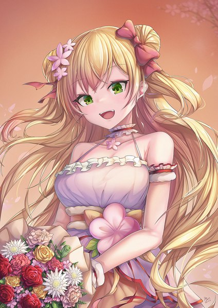 Anime picture 827x1169 with virtual youtuber hololive momosuzu nene dincat single long hair tall image fringe open mouth blonde hair smile hair between eyes green eyes upper body :d hair flower hair bun (hair buns) two side up sleeveless looking down