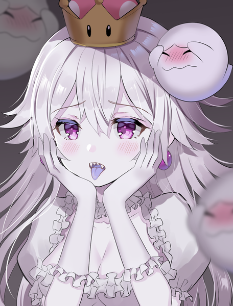 Anime picture 1056x1388 with super mario bros. new super mario bros. u deluxe nintendo princess king boo boo (mario) myusha single long hair tall image looking at viewer blush fringe breasts open mouth simple background hair between eyes purple eyes cleavage silver hair upper body