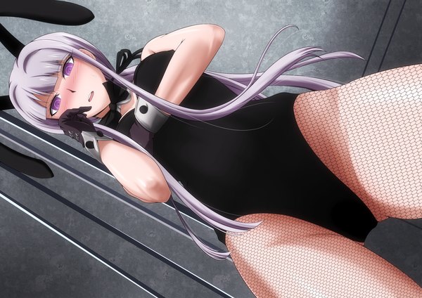 Anime picture 2046x1446 with dangan ronpa kirigiri kyouko sho-chan single long hair looking at viewer blush highres open mouth light erotic purple eyes animal ears purple hair bunny ears girl gloves pantyhose black gloves bunnysuit fishnet pantyhose