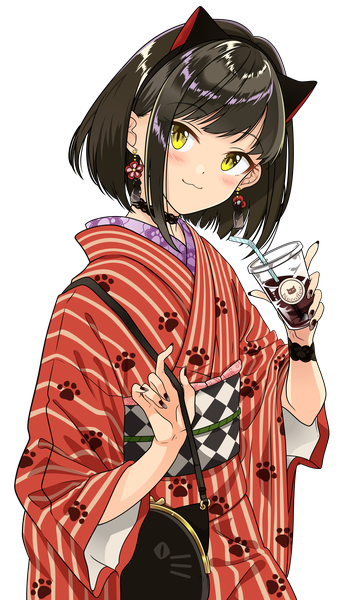 Anime picture 4570x8000 with original miyabi akino dekodere single tall image looking at viewer fringe highres short hair black hair holding animal ears yellow eyes payot absurdres nail polish traditional clothes head tilt japanese clothes fingernails