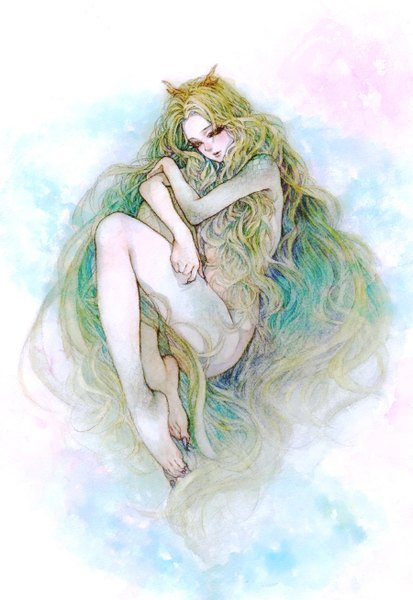 Anime picture 900x1306 with original meru (artist) single tall image light erotic yellow eyes lying very long hair horn (horns) green hair nude embryo's pose girl claws scales