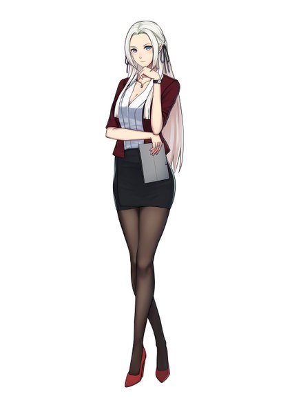 Anime picture 1018x1440 with fire emblem fire emblem: three houses nintendo edelgard von hresvelg dylannn single long hair tall image looking at viewer blush breasts simple background standing white background purple eyes holding payot cleavage silver hair full body