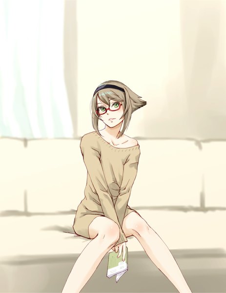 Anime picture 797x1031 with kantai collection mutsu battleship kaburagi yuki single tall image looking at viewer short hair brown hair sitting green eyes lips off shoulder between legs casual bespectacled girl glasses hairband book (books) sweater dress