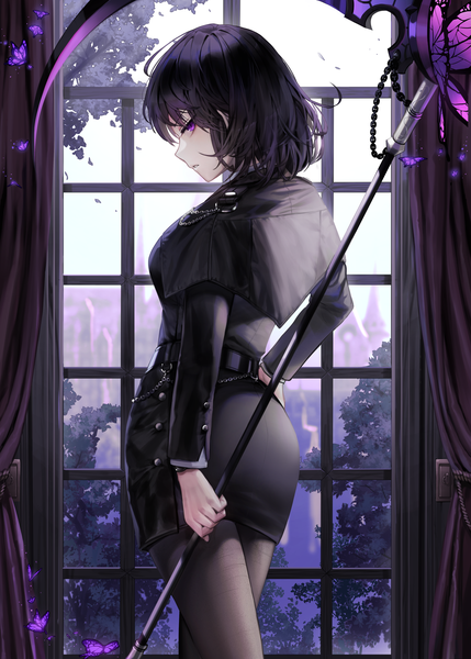 Anime picture 1500x2100 with original a0lp single tall image looking at viewer fringe short hair black hair standing purple eyes holding indoors long sleeves parted lips profile from behind hand on hip serious girl dress