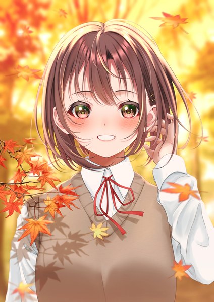 Anime picture 1457x2064 with original yoshiki 3821 single tall image looking at viewer blush short hair smile brown hair brown eyes upper body grin adjusting hair autumn girl uniform school uniform leaf (leaves) autumn leaves maple leaf