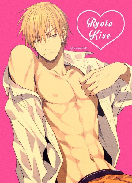 Anime picture 600x834 with kuroko no basket production i.g kise ryouta mashima shima single tall image fringe short hair light erotic simple background blonde hair hair between eyes signed yellow eyes open shirt undressing pink background abs boy navel