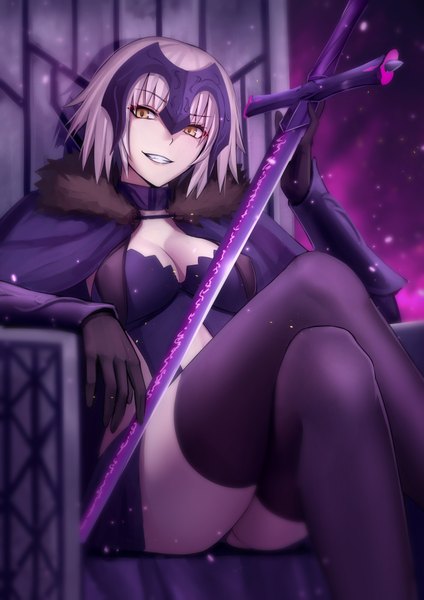 Anime picture 707x1000 with fate (series) fate/grand order fate/apocrypha jeanne d'arc (fate) (all) jeanne d'arc (fate) shijiu (adamhutt) single tall image looking at viewer fringe short hair breasts light erotic blonde hair smile sitting yellow eyes cleavage bent knee (knees) teeth
