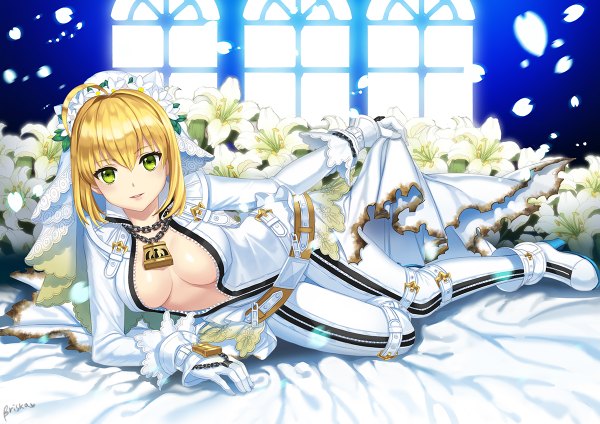 Anime picture 1200x848 with fate (series) fate/extra fate/extra ccc type-moon nero claudius (fate) (all) nero claudius (bride) (fate) briska single looking at viewer short hair breasts light erotic blonde hair green eyes girl dress flower (flowers) petals boots castle