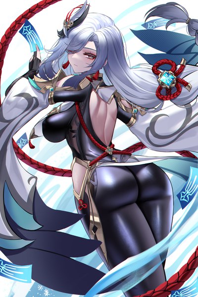 Anime picture 1700x2549 with genshin impact shenhe (genshin impact) eternity (shadeh) single tall image looking at viewer fringe breasts light erotic simple background large breasts silver hair ass braid (braids) very long hair nail polish looking back arm up fingernails from behind