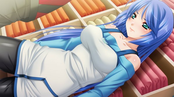 Anime picture 1024x576 with hissatsu chikannin ii long hair wide image green eyes blue hair game cg girl