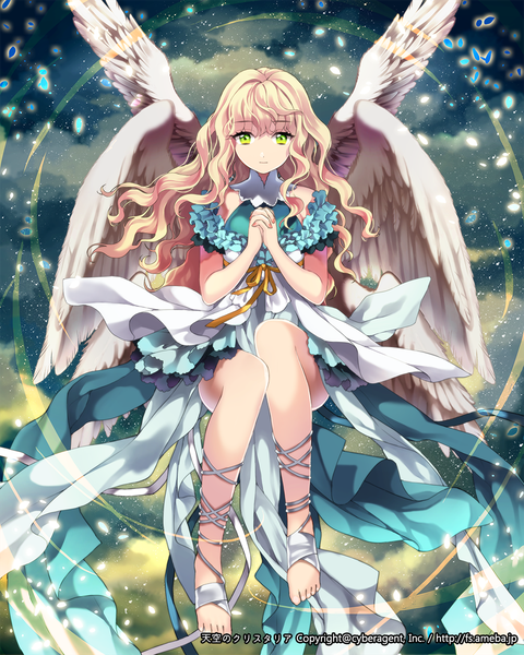 Anime picture 1000x1250 with original ice (ice aptx) single long hair tall image looking at viewer blonde hair green eyes girl dress petals wings