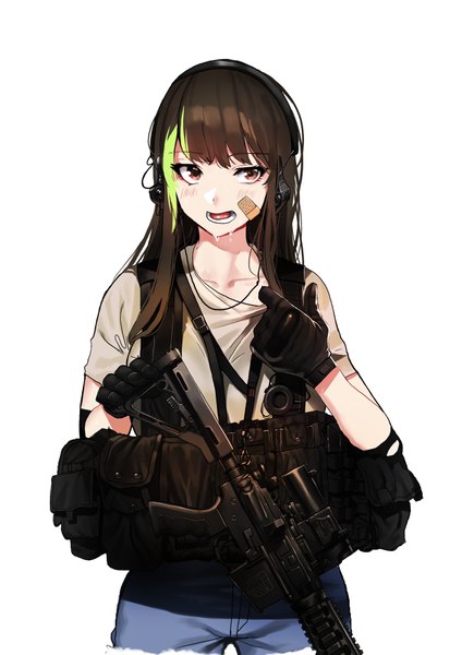 Anime picture 2480x3508 with girls frontline m4a1 (girls frontline) ihobus single long hair tall image looking at viewer blush fringe highres open mouth simple background brown hair standing white background brown eyes blunt bangs multicolored hair two-tone hair sweat