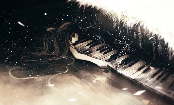 Anime picture 1000x607 with original asahiro single long hair fringe black hair wide image black eyes playing instrument blending girl plant (plants) petals water musical instrument piano