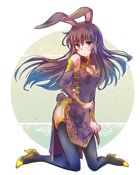 Anime picture 1929x2400 with rwby rooster teeth velvet scarlatina iesupa single long hair tall image looking at viewer highres light erotic simple background brown hair brown eyes animal ears tail traditional clothes animal tail high heels bunny ears kneeling