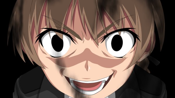 Anime picture 1280x720 with strike witches lynette bishop monizumi ishikawa (artist) single short hair open mouth brown hair wide image brown eyes black background close-up crazy yandere girl