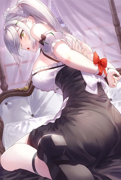 Anime picture 828x1230 with original kfr single long hair tall image looking at viewer blush breasts open mouth light erotic large breasts sitting green eyes payot silver hair indoors looking back from behind maid high heels