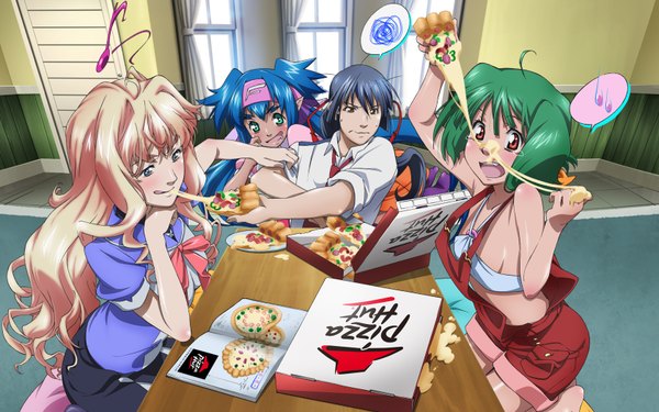 Anime picture 1680x1050 with macross macross frontier sheryl nome ranka lee saotome alto klan klang wide image food overalls pizza