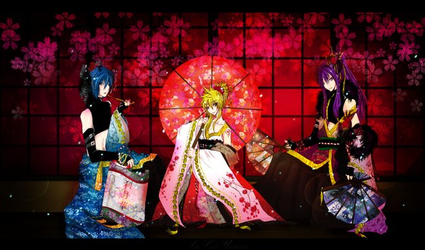 Anime picture 3510x2067 with vocaloid kagamine len kaito (vocaloid) kamui gakupo zhiryono (artist) long hair looking at viewer highres short hair blue eyes blonde hair wide image multiple girls blue hair absurdres purple hair traditional clothes japanese clothes multiple boys smoking