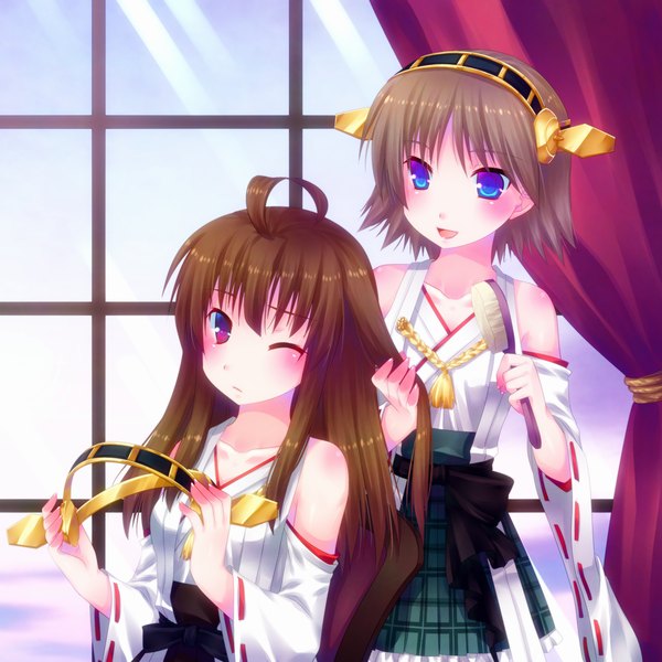Anime picture 1000x1000 with kantai collection kongou battleship hiei battleship door to heaven long hair looking at viewer blush short hair open mouth blue eyes brown hair purple eyes bare shoulders multiple girls ahoge traditional clothes one eye closed wink nontraditional miko girl