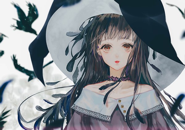 Anime picture 819x579 with original say hana single long hair looking at viewer brown hair bare shoulders brown eyes parted lips eyeshadow girl hat animal choker bird (birds) feather (feathers) witch hat crow