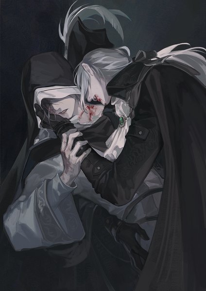 Anime-Bild 1000x1414 mit bloodborne dark souls (series) dark souls from software lady maria of the astral clocktower sister friede agong long hair tall image open mouth simple background standing multiple girls silver hair parted lips wide sleeves fang (fangs) black background low ponytail covering eye (eyes)