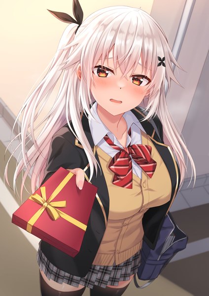 Anime picture 1063x1505 with original etna (kuzuyu) komori kuzuyu single long hair tall image blush fringe open mouth hair between eyes silver hair pleated skirt from above orange eyes embarrassed one side up plaid skirt outstretched hand valentine girl