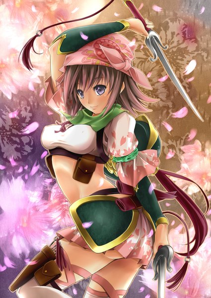 Anime picture 1600x2259 with i-la single tall image short hair light erotic brown hair silver eyes girl weapon petals knife bandana