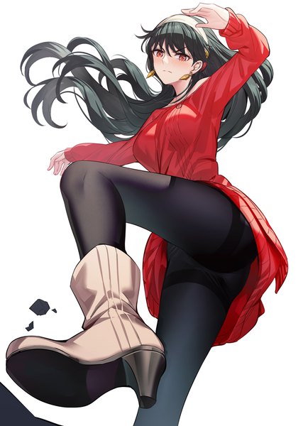 Anime picture 900x1266 with spy x family yor briar ririko (zhuoyandesailaer) single long hair tall image looking at viewer blush fringe light erotic black hair simple background hair between eyes standing white background signed bent knee (knees) long sleeves from below high heels