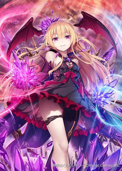 Anime picture 643x900 with shinkai no valkyrie archwitch ymir akkijin single long hair tall image looking at viewer fringe breasts light erotic blonde hair standing bare shoulders sky ahoge outdoors pink eyes light smile pointy ears official art
